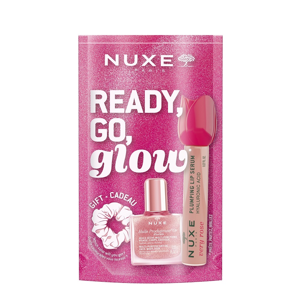 Ready Go Glow Set Ready Go Glow Sada: Regeneračný Suchý Olej 10 Ml + Hydratačné Sérum Na Zväčšenie Pier 8 Ml + Gumička Do Vlasov